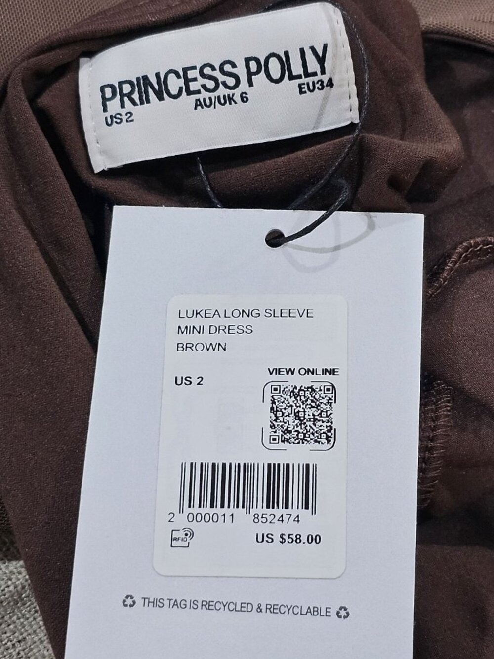 Princess Polly Lukea Brown Mesh Mini Dress Long Sleeve Tie Back Size 2 - Picture 5 of 5